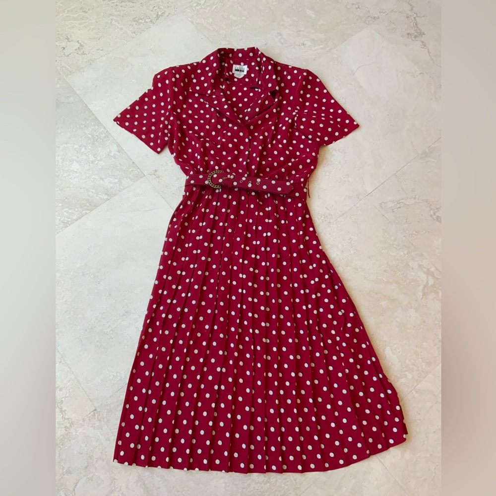 Vtg. Fun Leslie Fay Red Cream Polka Dot Dress sz 12